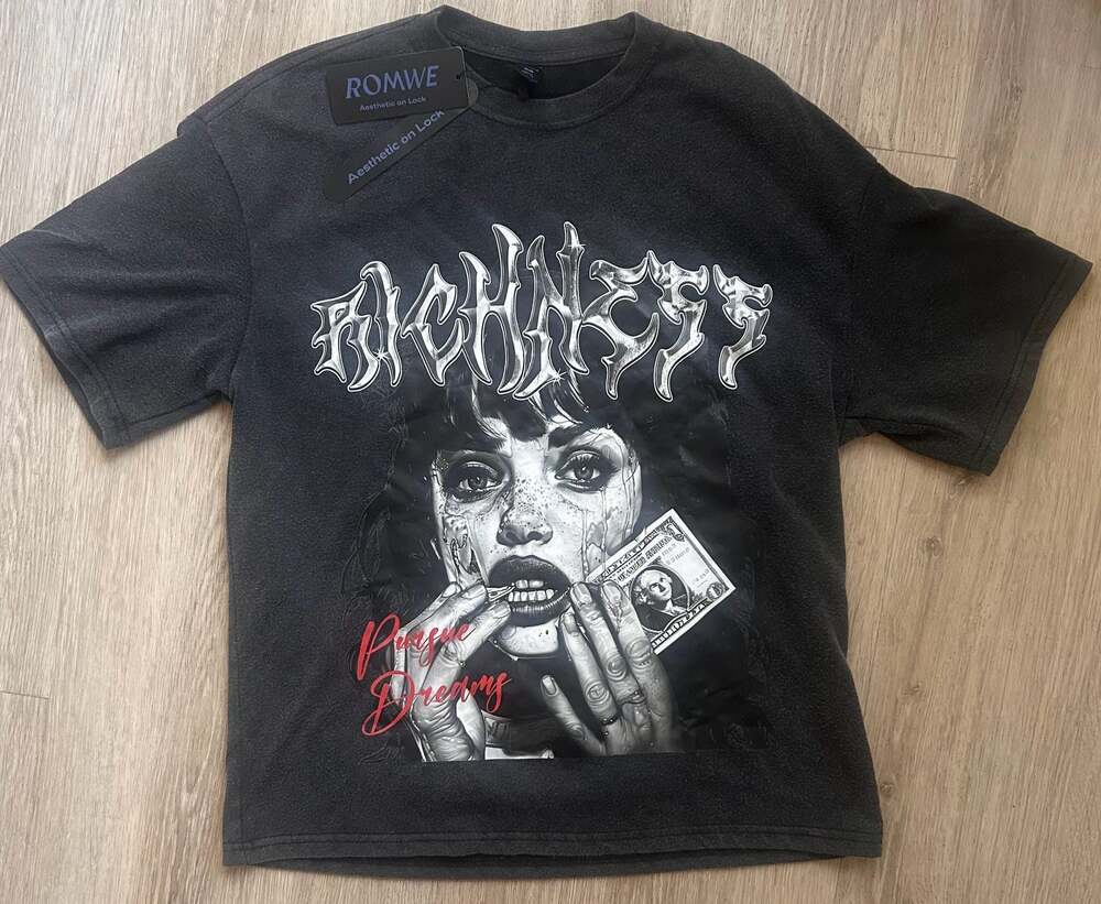 ROMWE Street Life Men's Portrait Banknotes Letter  Vintage Washed Shirt Black XS